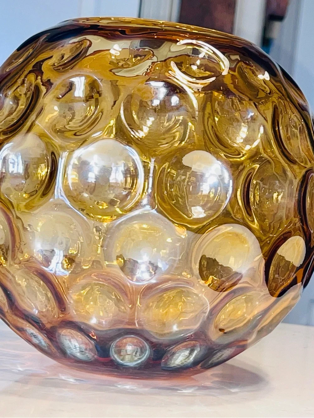 Amber colored hand blown thick ball vase glass orb 7”x7”